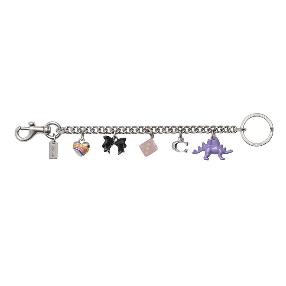 New Coach Silver Motif Chain Bag Charm with Purple Dinosaur, Heart, Bow, Dice